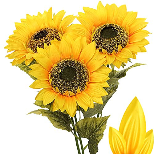 Briful Künstliche Sonnenblumen Groß Kunstblumen Dekorative Seidenblumen Kunstpflanzen Sunflowers für Hochzeit Party Tischdeko Dekoration 3 Stücke