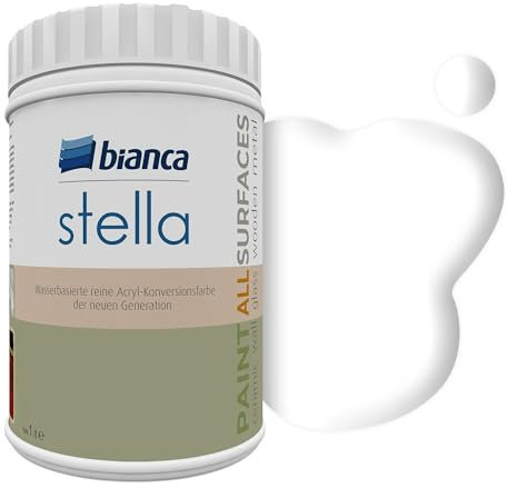Bianca Stella Möbelfarbe Ohne Schleifen für Küche & Bad, Weiß, Glänzend, 1000ml, Wasserbasiert, Möbellack für alle Oberflächen, Holzfarbe, Fliesenfarbe, Metallfarbe & Renovierfarbe