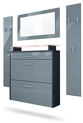 Vladon Garderobe Malea, Garderobenset bestehend aus 1 Hängeschuhschrank, 1 Wandspiegel und 2 Garderobenpaneele, Anthrazit matt/Grau Hochglanz, inkl. LED-Beleuchtung RGB