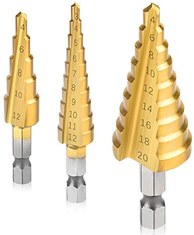 Bestgle Paso Brocas Escalonadas, Juego de brocas escalonadas ranuradas en espiral,broca cónica de doble ranura recubierta de titanio Hss