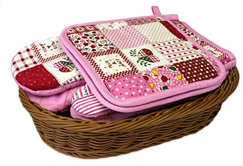 Mehrzweck-Korb Set Kitchen beige Brown, Patchwork, geflochten oval, mit EIN Paar Ofenhandschuhen und Zwei Topflappen