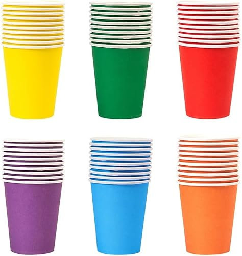 PIQIUQIU 6 Farbe 60 Stück Pappbecher, 250 ml Mehrfarbig Partybecher Biologisch Abbaubar Einwegbecher für Hochzeit, Kinder DIY, Partybedarf