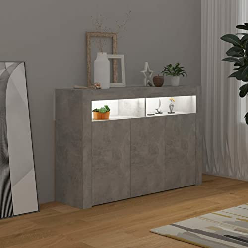 Gecheer Credenza con Luci LED Grigio Cemento 115.5x30x75 cm, Mobile Soggiorno, Armadio da Cucina, Armadietto da Pavimento Laterale in Truciolato