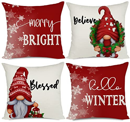 Artmag 45,7 x 45,7 cm, Weihnachts-Kissenbezüge, dekoratives Bauernhaus, Hello Winter-Zwerge, frohe helle Outdoor-Weihnachten, Kissenbezüge, Schonbezüge, 4er-Set für Couch, Sofa