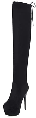 Stivali da Donna Sopra Il Ginocchio con Tacco a Spillo, Stivali da Festa Eleganti Zip Stivali Alti Tacco Alto Punta Rotonda con Plateau 350 Nero Numero 34 EU