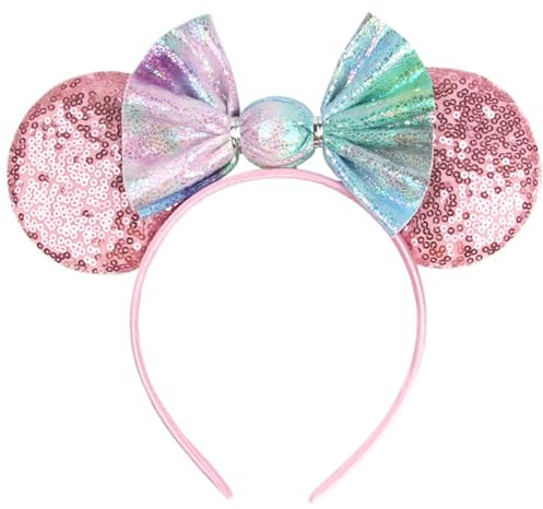 Fashband Mauseohren Stirnbänder Schleife Pailletten Haarband Glänzendes Haar Zubehör Weihnachten Party Festival für Frauen Mädchen(Rosa)