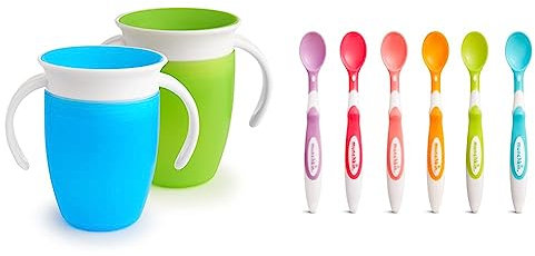 Munchkin Tasse d’Apprentissage Miracle 360, Tasse Enfant sans BPA avec Poignées - 207ml, Lot de 2,Bleu/Vert & Cuillères Bébé 1er Âge Soft Tip, Lot de Cuillères d’Apprentissage avec Manches - Pack de 6