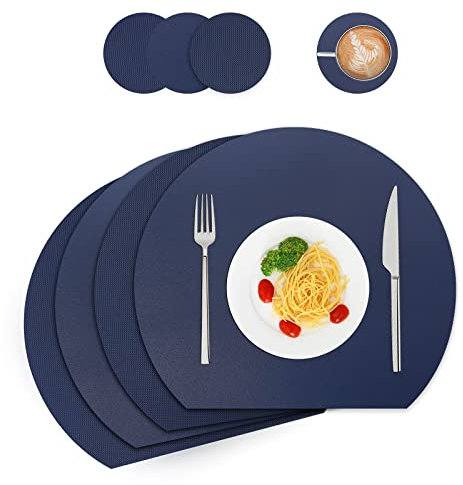 Tischsets und Untersetzer aus Leder, Platzdeckchen abwaschbar,Platzsets abwaschbar,Tischdeko,Tischset rund,Platz-Matten für Küche Speisetisch,4er-Set (Halbkreis, Blau)