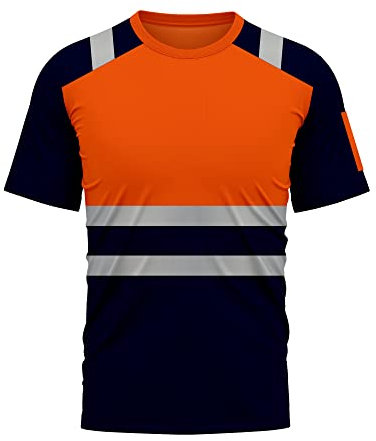 mymixtrendz Hi Viz Vis High Visibility Dri Fit Short Sleeves T Shirts Reflective Tape Safety Hi Vis Round Crew Neck Security Work Breathable Workwear Tops Orange Navy