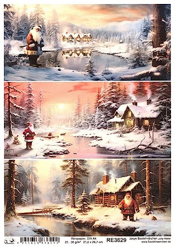 Josys Bastelmärchen Reispapier A4 Strohseide Weihnachten Winterlandschaft Weihnachtsmann Haus RE3629