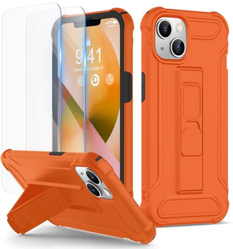 ORETECH iPhone 14/13 Case with 2x Tempered Glass & Built-in Kickstand - Military Grade Shockproof - Orange