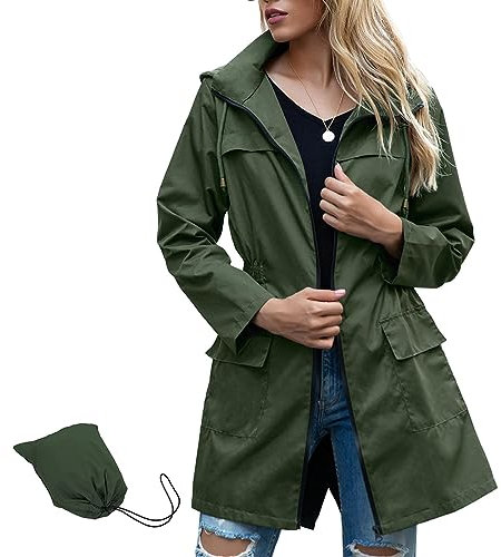 Durio Veste de pluie pour femme imperméable et respirante avec capuche, légère et pliable, veste d'extérieur avec cordon de serrage réglable, vert foncé, XXL