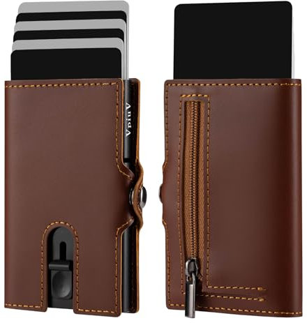 VpiuV® geldbörse Herren - Kreditkartenetui mit RFID-Schutz - Slim Wallet mit Münzfach - Aluminium-Kartenhalter - Braunes Leder glatt