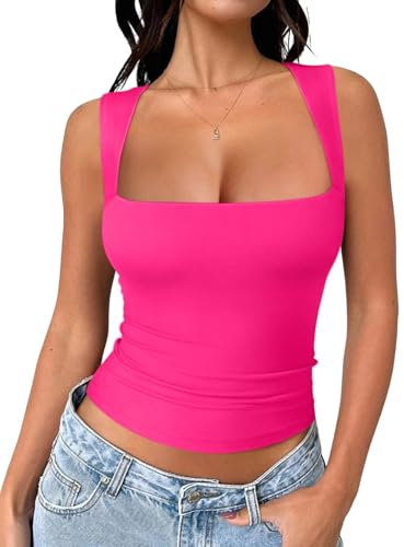 REORIA Damen Doppelt Gefüttert Niedlich Basic Tanktops Trendige Kleidunge Träger Tops mit quadratischem Ausschnitt Rose M