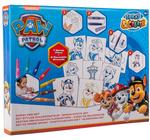 Paw Patrol Spray Pen Set, 13 Pieces Art Craft Kit for Kids, Includes 7 Spray Pens & 6 Templates for Creative Drawing, Color Mixing, Age 4+ Years