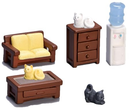Ieron Simulation Wohnzimmer Set Miniatur Doppel Sofa Tisch Schrank Katzen Wasserspender Kombination für Puppenhaus Dekoration