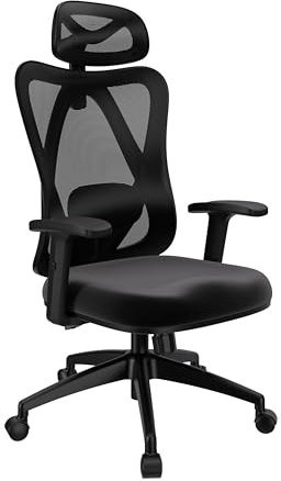 POKAR Bürostuhl Ergonomischer mit Adaptiver Rückenlehne Schreibtischstuhl Drehstuhl Computerstuhl Bürosessel Stühle Lendenstütze und Kopfstütze, Schwarz