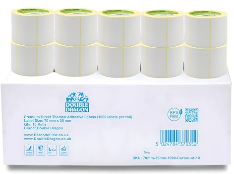 Apotheken-Etiketten für verschreibungspflichtige Rezepte, 70 x 35 mm, Premium beschichtete Thermodirekt-Etiketten, Kern 25 mm, für Zebra, Munby, Rollo, TSC, Toshiba, Citizen Printer, GK420D, ZD220, 70