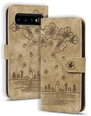 Rosbtib Custodia Compatibile con Samsung Galaxy S10, Pelle Premium Magnetica Flip Cover Funzione Supporto Portafoglio Cover Galaxy S10 6.1, Marrone Gatto