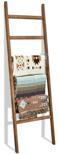 FUIN 6.4ft Extra Wide Wooden Blanket Ladder Living Room Decorative Wal Leaning Farmhouse Quilt Display Holder Rustic Wood Towel Rack for Bathroom, Brown, 24 inch Wide