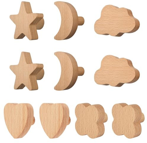 MOROBOR 10 Stück Natürliche Buchenholzgriffe, Mond, Wolke, Stern, Herz, Vier-Kleeform-Griffe, Holzhaken für Kinderzimmer, Dekoration, Schrankknöpfe, Haken