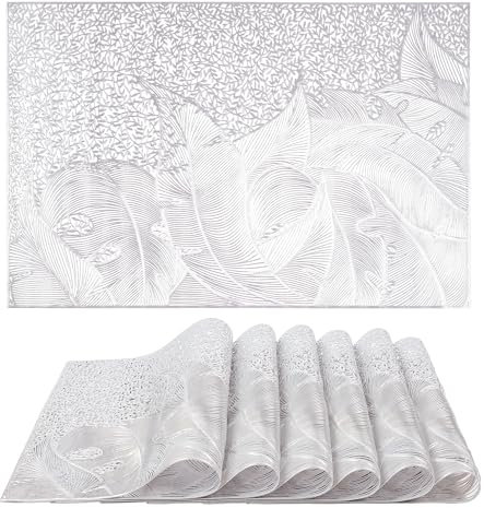 fanquare 6-teilig PVC Platzset in Silbrig mit Blätter-Design, 45x30cm, ideal zum Schutz Ihrer Tabelle vor Kratzern und Flecken