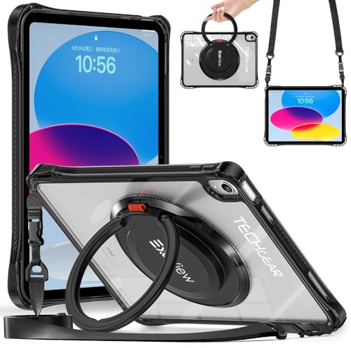 TECHGEAR ExoView Black Case for iPad 11 A16 (11th Gen 2025) & 10.9 (10th Gen 2022), Rugged Clear Back Case with 360 Stand, Ring Grip, Shoulder Strap, Pencil Holder, Shockproof Business-Ready Design