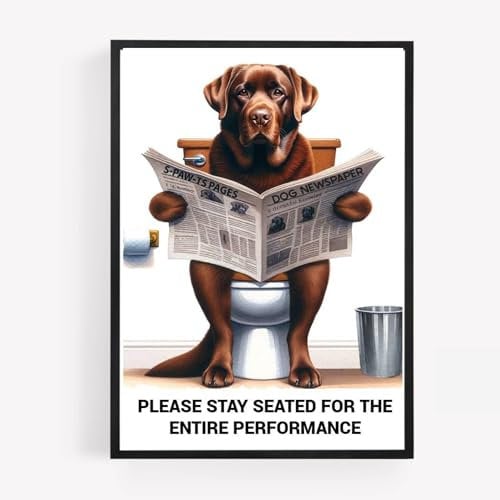 gfc Lustiges Badezimmer-WC-Poster mit braunem Labrador auf einer Toilette, zum Lesen von Zeitungen, A4, ungerahmt, Wandkunst, Heimdekoration, Dekoration für die gesamte Aufführung