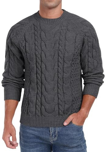 QIXING Men's Cable Knit Jumper Crew Neck Sweater Soft Casual Long Sleeve Textured Knitwear Tops for Men UK (Dark Gray, S)