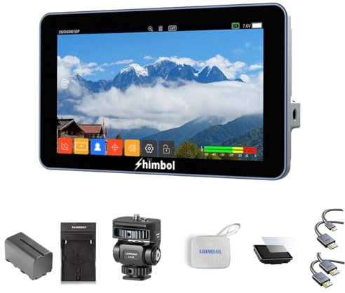Shimbol M5 5,5-Zoll-Kameramonitor mit 1200 Nits und 1/4-Zoll-Akkuladegerät-Kit für Kaltschuhmontage, Rec.709 IPS-Touchscreen-Monitor, 4K-HDMI-Aluminiumgehäuse mit 3D-LUT, Falschfarben für DSLR