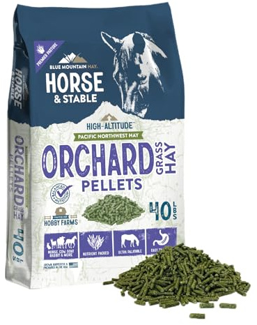 Blue Mountain Hay High Altitude Orchard Grass Hay Pellets (40 lb), Ultra Premium Nutrient Dense Forage, Small Quick Soaking Low Dust Pellets, Easy to Measure, Automatic Feeder Friendly