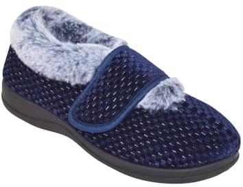 Chums Ladies Touch Fasten Wide EE Fit Faux Fur Trim Bootee Slipper Navy 6