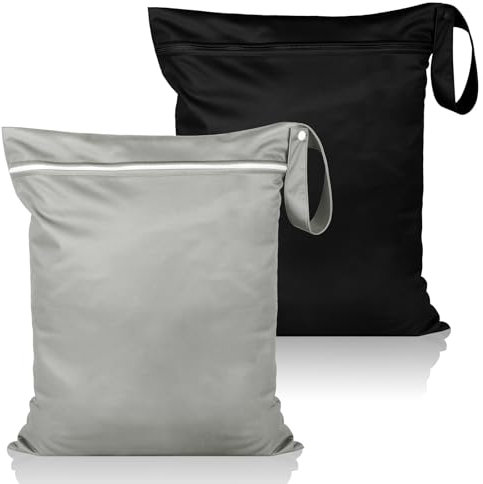 2 Stück Wet Bag, Wiederverwendbar Schmutzige Kleidung Nasstasche, Wasserdichte Wetbag Schwimmsachen mit Reißverschluss, für Baby-Stoffwindeln Sportkleidung Badeanzüge, 40 x 50 cm, Schwarz/Hellgrau