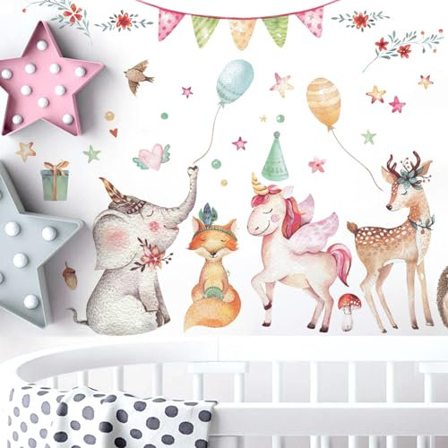 WandSticker4U®- Aquarell Wandsticker DSCHUNGEL PARTY (112x76 cm) I Baby Wandtattoo Wald-tiere Einhorn Elefant Fuchs Reh I Wand Aufkleber Kinderzimmer Mädchen & Junge Deko