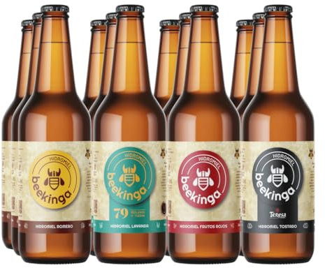 Beekinga Pack Degustación Hidromiel de 12 Botellines de 33cl con Hidromiel de Romero, Lavanda, Tostado y Frutos Rojos