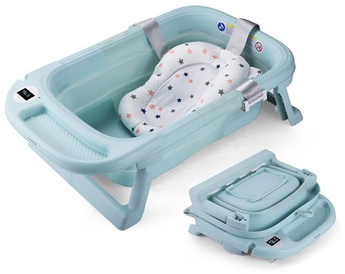 Large Foldable Baby Bath with Bath Mat, Baby Bathtub Foldable with Shower Head Connection and Integrated Thermometer (BLUE+)