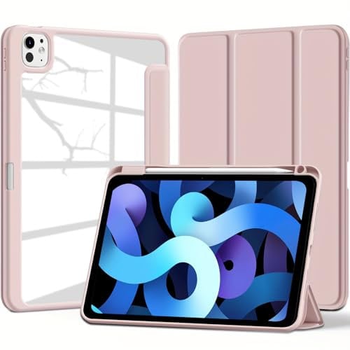 VAGHVEO Case for iPad Pro 11 Inch (M4) 2024 with Pencil Holder, Cover for iPad Pro 11 5th Generation Shockproof Hard Clear Transparent PC Shell + Soft Edges Supports Charging, Auto Wake/Sleep, Pink