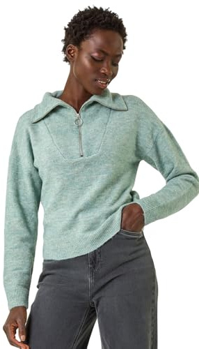 Roman Originals Collar Zip Neck Knit Jumper for Women UK - Ladies Everyday Autumn Winter V-Neckline Comfy Soft Evening Vacation Work Party Night Out - Steel Blue - Size M