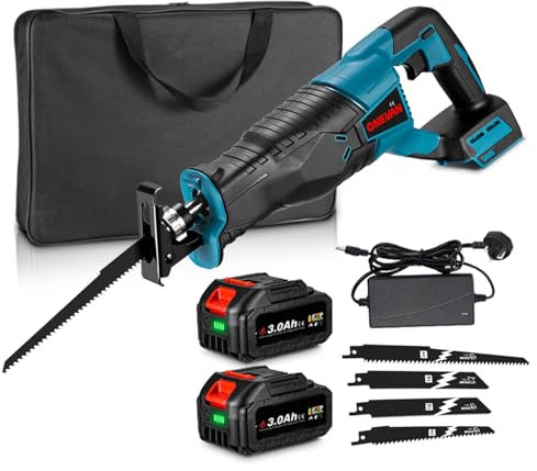 Cordless Reciprocating Saw - Battery Hand Saw for Cutting Wood, 0-2800SPM Stroke Speed with 4 Blades for PVC/Wood/Metal Cuting (Incl. 2 Batteries)