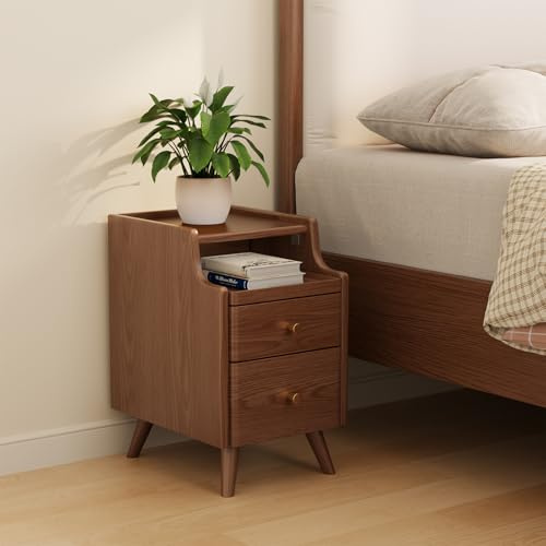 AQIMUELE Nachttisch Schmal, Holz-Beistelltisch mit 2 Schubladen, Nachtkästchen für Schlafzimmer, Wohnzimmer (Walnuss - Breite 40cm)