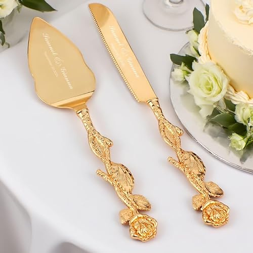 toyofmine Ensemble couteau et pelle à gâteau personnalisés | Ensemble de découpe de gâteau de mariage doré, ensemble de service à gâteaux, tartes et pâtisseries en alliage de zinc