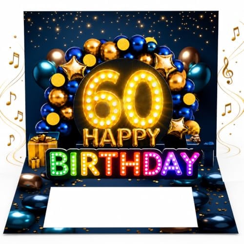 Joli Coon Geburtstagskarte 60 mit Musik und Licht, 20 x 15 cm | Pop-up-Mechanismus, Fächer für Geldscheine, Goldveredelung, passendes Kuvert, Siegelsticker, zum 60. Geburtstag