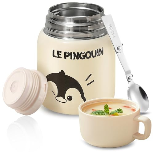 Acasimo Thermobehälter für Essen mit Edelstahl Löffel, 550ml, Penguin | Absolut Dicht, Deckel als Schale nutzbar, Spülmaschinenfest, hält Speisen bis zu 12h warm & 24h kalt