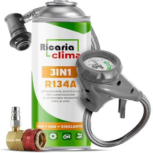 Ricaria Clima - 3en1 R134a Fluide Réfrigérant Gaz de Remplacement – pour Climatisation Automobile – Bouteille de Gaz 1x235 g – Camping-Car – Tuyau et Adaptateur HP/LP – Manomètre Climatisation – ECO