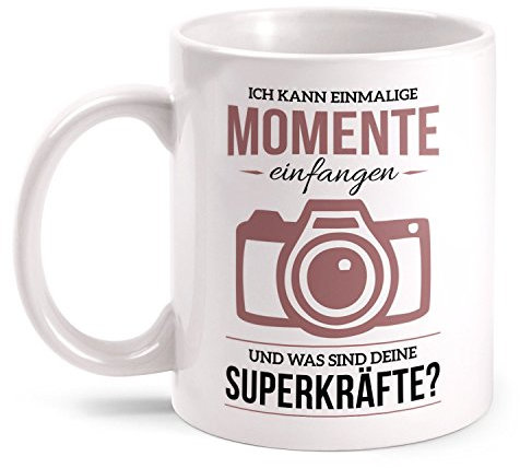 Fashionalarm Tasse Superkräfte - Einmalige Momente einfangen beidseitig bedruckt mit Spruch | Geschenk Idee Kollegen Arbeit Fotograf Fotografin, Farbe:weiß