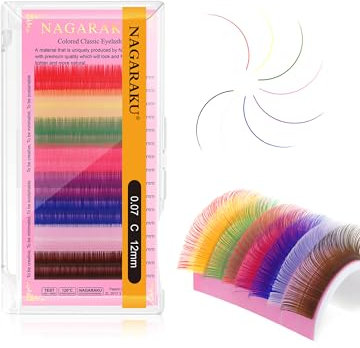 NAGARAKU Bunte Einzelwimpern 1:1 Wimpern 8 gemischte Regenbogenfarben Klassische Wimpernverlängerung Farbige Wimpern Lashes 16 Reihen Coloured Individual Eyelashes Supplies(0.07 C Curl 12mm)