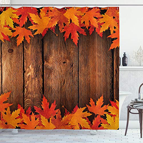 ABAKUHAUS Blätter Duschvorhang, Blätter auf dem Holzbrett, Stoffliches Gewebe Badezimmerdekorationsset mit Haken, 175 x 200 cm, Orange Braun