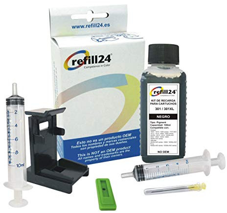 refill24 Nachfüllset: Nachfülltinte 100 ml kompatibel für Druckerpatronen HP 301, 301 XL Schwarz/Multipack + Zubehör + Anleitung, Refillset mit Druckertinte für DeskJet OfficeJet Envy