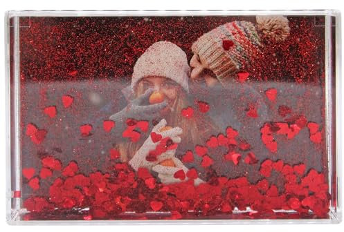 Adventa Glitzer-Bilderrahmen, Acryl-Bilderrahmen für 10 x 15 cm, klarer, rahmenloser Desktop-Fotoblock mit Glitzerherzen (rot), ideales personalisiertes Geschenk, Vatertagsgeschenk