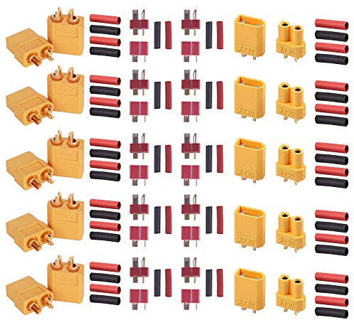 GTIWUNG 5 Paar XT60 Batterie Anschlüsse, 5 Paar XT30 Männlich Weiblich Stecker Buchse, 10 Paar Deans Rutschfester T-Stecker mit 60 stücke Schrumpfschlauch für RC LiPo Akku Hubschrauber Flugzeug